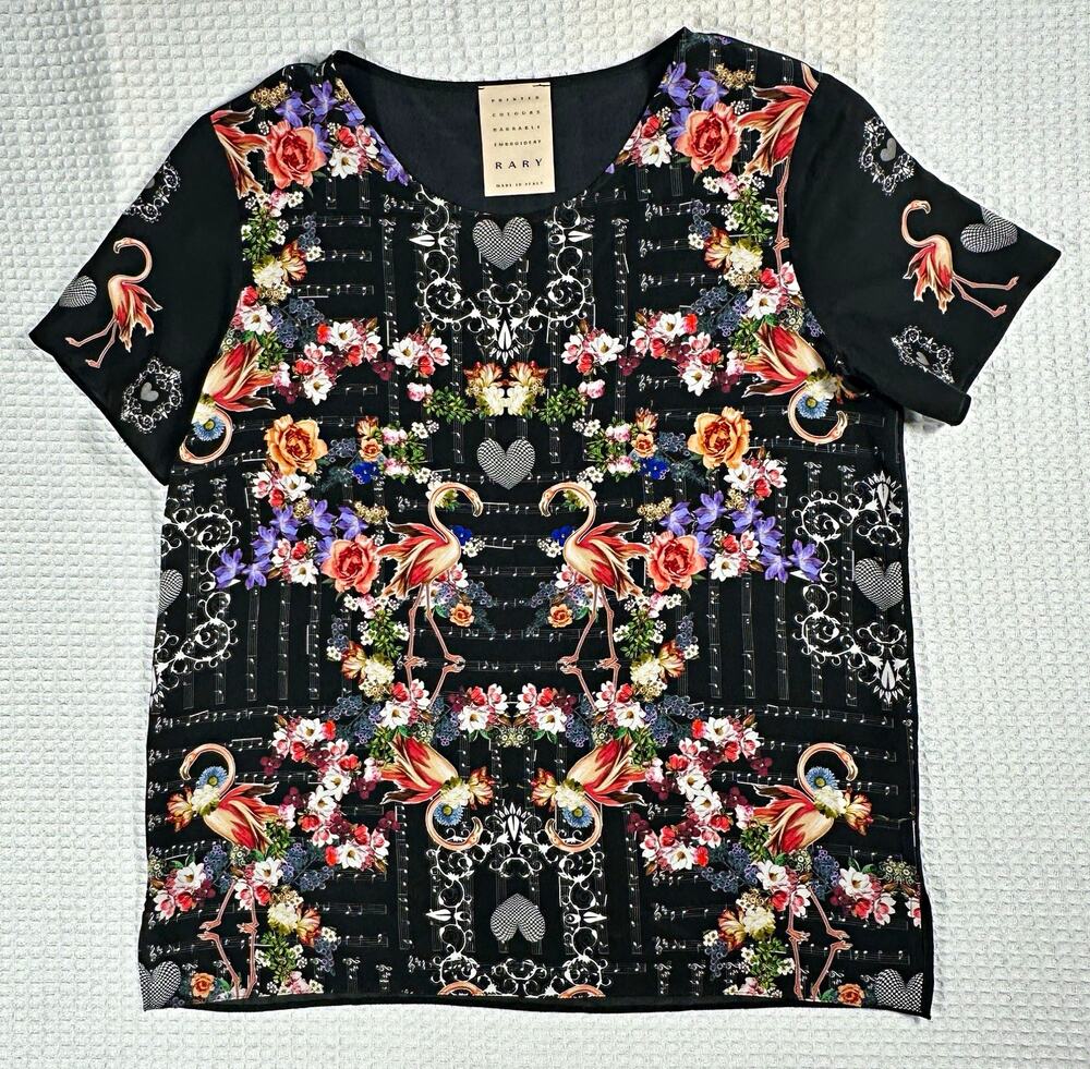 RARY 100% Silk Flamingo Floral Blouse Italy 46 PCNE Rare Designer Art Print